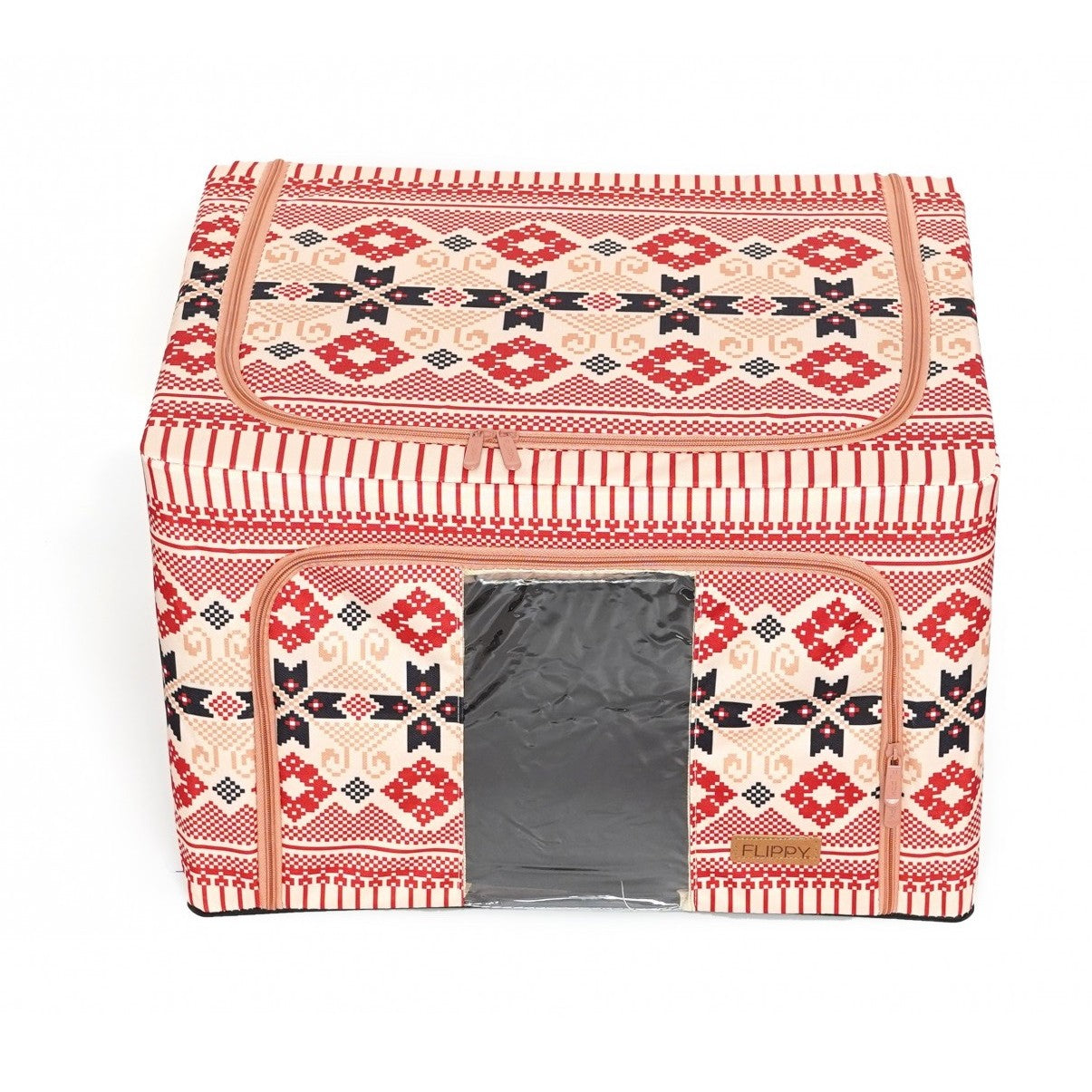 Cutie De Depozitare Pliabila,100 L Din Bumbac Si In, Fereastra Frontala, 2 Usi De Acces Cu Fermoar Bidirectional, Cadru Metalic, Suport Baza Stabil Din Plastic, Motiv Traditional - vivimall.ro