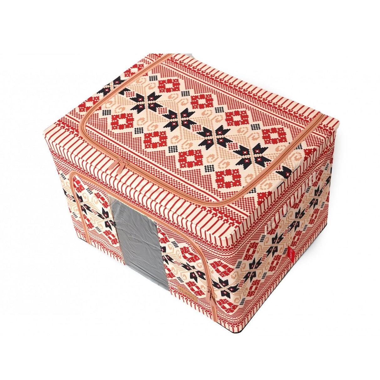 Cutie De Depozitare Pliabila,100 L Din Bumbac Si In, Fereastra Frontala, 2 Usi De Acces Cu Fermoar Bidirectional, Cadru Metalic, Suport Baza Stabil Din Plastic, Motiv Traditional - vivimall.ro