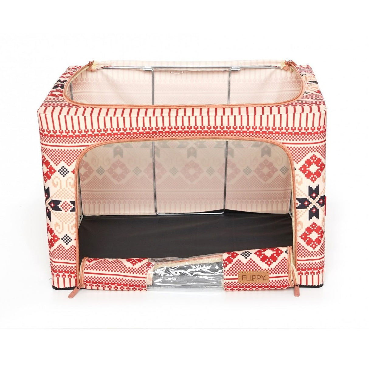 Cutie De Depozitare Pliabila,100 L Din Bumbac Si In, Fereastra Frontala, 2 Usi De Acces Cu Fermoar Bidirectional, Cadru Metalic, Suport Baza Stabil Din Plastic, Motiv Traditional - vivimall.ro