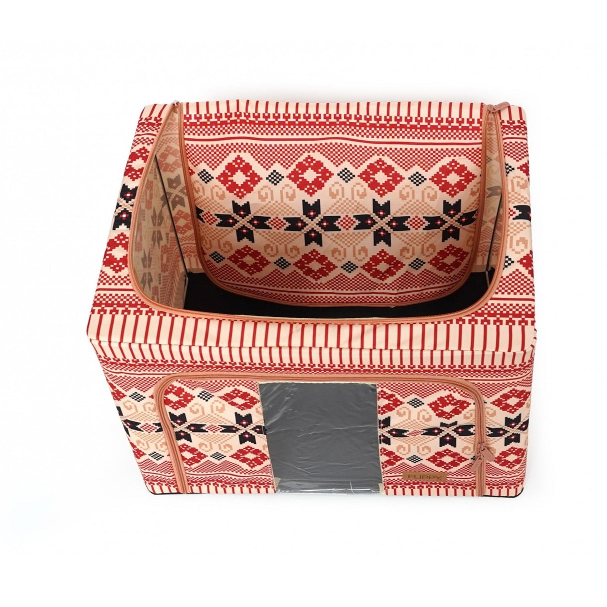 Cutie De Depozitare Pliabila,100 L Din Bumbac Si In, Fereastra Frontala, 2 Usi De Acces Cu Fermoar Bidirectional, Cadru Metalic, Suport Baza Stabil Din Plastic, Motiv Traditional - vivimall.ro
