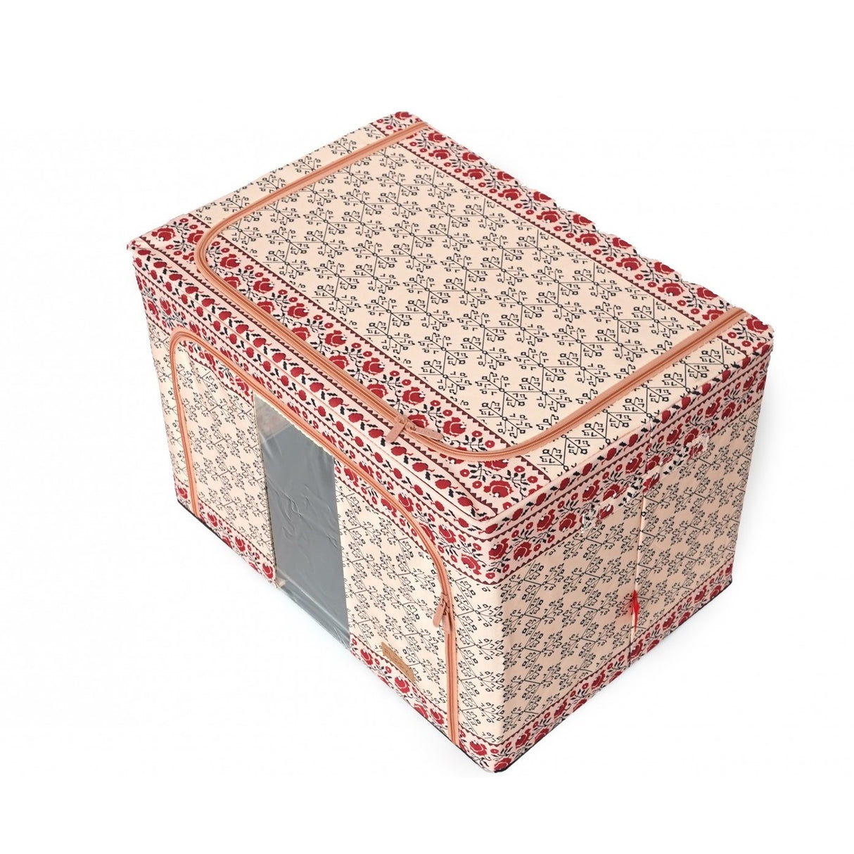 Cutie De Depozitare Pliabila,100 L Din Bumbac Si In, Fereastra Frontala, 2 Usi De Acces Cu Fermoar Bidirectional, Cadru Metalic, Suport Baza Stabil Din Plastic, Motiv Traditional - vivimall.ro