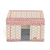 Cutie De Depozitare Pliabila,100 L Din Bumbac Si In, Fereastra Frontala, 2 Usi De Acces Cu Fermoar Bidirectional, Cadru Metalic, Suport Baza Stabil Din Plastic, Motiv Traditional - vivimall.ro