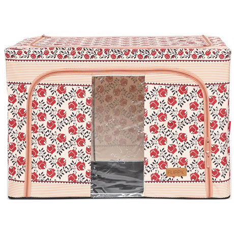 Cutie De Depozitare Pliabila,100 L Din Bumbac Si In, Fereastra Frontala, 2 Usi De Acces Cu Fermoar Bidirectional, Cadru Metalic, Suport Baza Stabil Din Plastic, Motiv Traditional - vivimall.ro