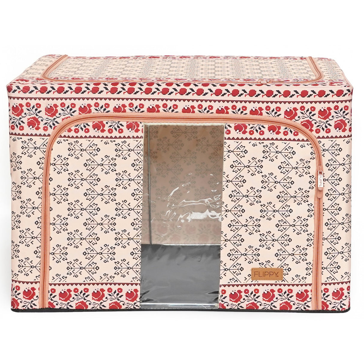 Cutie De Depozitare Pliabila,100 L Din Bumbac Si In, Fereastra Frontala, 2 Usi De Acces Cu Fermoar Bidirectional, Cadru Metalic, Suport Baza Stabil Din Plastic, Motiv Traditional - vivimall.ro