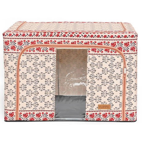 Cutie De Depozitare Pliabila,100 L Din Bumbac Si In, Fereastra Frontala, 2 Usi De Acces Cu Fermoar Bidirectional, Cadru Metalic, Suport Baza Stabil Din Plastic, Motiv Traditional - vivimall.ro