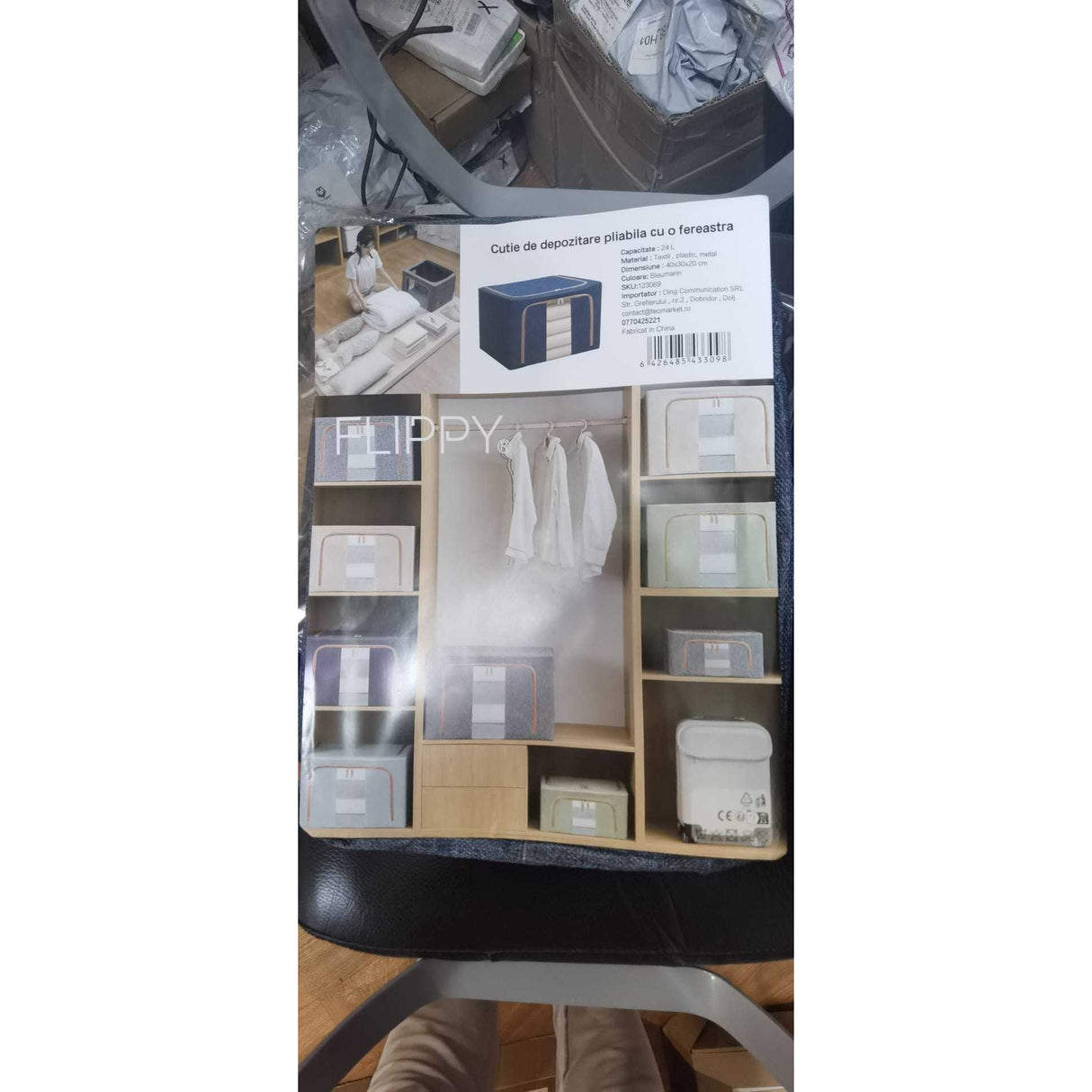 Cutie De Depozitare Pliabila, 24 L, Din Bumbac Si In, Fereastra Frontala, 2 Usi De Acces Cu Fermoar Bidirectional, Cadru Metalic, Suport Baza Stabil Din Plastic, Marin, Resigilata - vivimall.ro