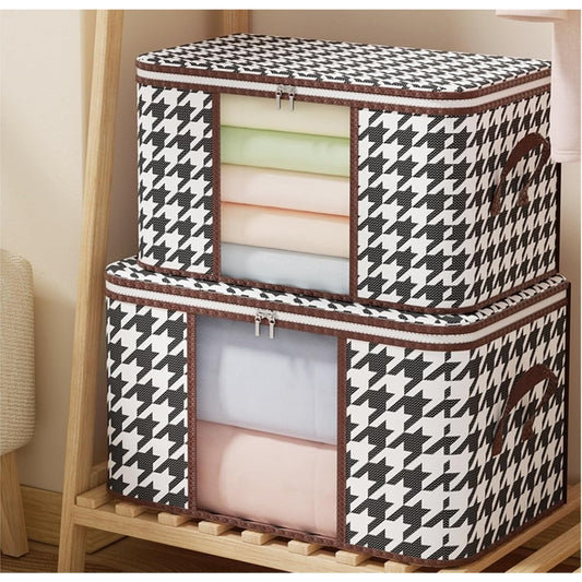 Cutie de Depozitare Pliabila,  55x35x25 cm, 50 L, Fereastra Frontala, cu Fermoar Bidirectional, Suport Baza Stabil, Imprimeu in Carouri, Alb/Negru - vivimall.ro