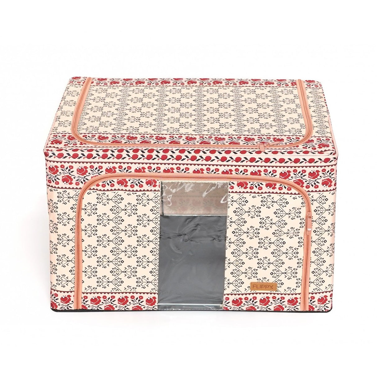Cutie De Depozitare Pliabila, 66 L Din Bumbac Si In, Fereastra Frontala, 2 Usi De Acces Cu Fermoar Bidirectional, Cadru Metalic, Suport Baza Stabil Din Plastic, Motiv Traditional - vivimall.ro