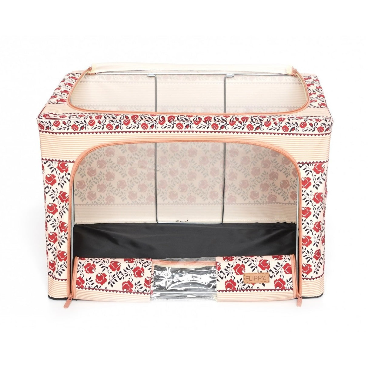 Cutie De Depozitare Pliabila, 66 L Din Bumbac Si In, Fereastra Frontala, 2 Usi De Acces Cu Fermoar Bidirectional, Cadru Metalic, Suport Baza Stabil Din Plastic, Motiv Traditional - vivimall.ro