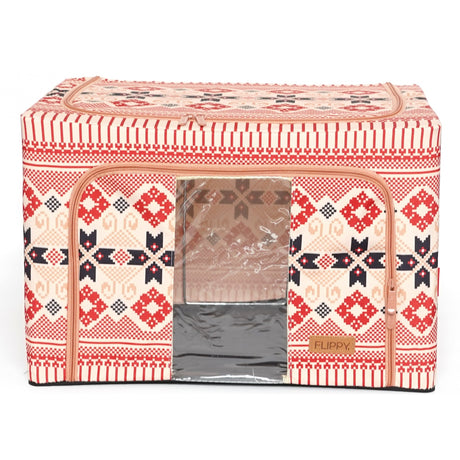 Cutie De Depozitare Pliabila, 66 L Din Bumbac Si In, Fereastra Frontala, 2 Usi De Acces Cu Fermoar Bidirectional, Cadru Metalic, Suport Baza Stabil Din Plastic, Motiv Traditional - vivimall.ro