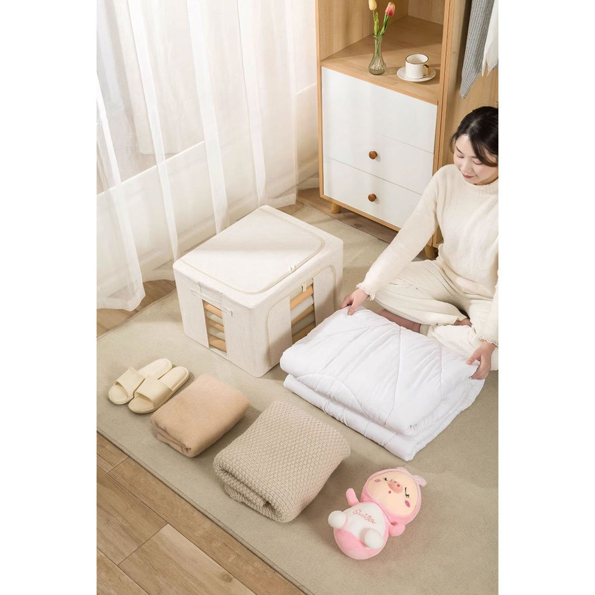 Cutie De Depozitare Pliabila, Cu Fereastra Si Fermoar Dublu, 66 L, Textil Premium, Cadru Metalic, Impermeabila