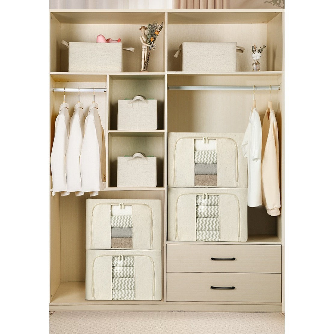 Cutie de Depozitare Pliabila, Vivimall, Cu Fereastra si Fermoar Dublu, 66 L, Textil Premium, 50x40x33 cm, Cadru Metalic, Impermeabila, Alb Texturat - vivimall.ro