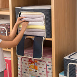 Cutie de Depozitare Pliabila, Flippy, Cu Fermoar, 100 L, Textil, 60x42x40 cm, Albastru Marin, Cadru Metalic, Suport Baza Stabil din Plastic, Imprimeu buline