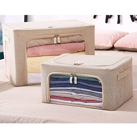 Cutie De Depozitare Pliabila, Cu Fermoar, 100 L, Textil, Cadru Metalic, Suport Baza Stabil Din Plastic, Crem Cu Doua Ferestre