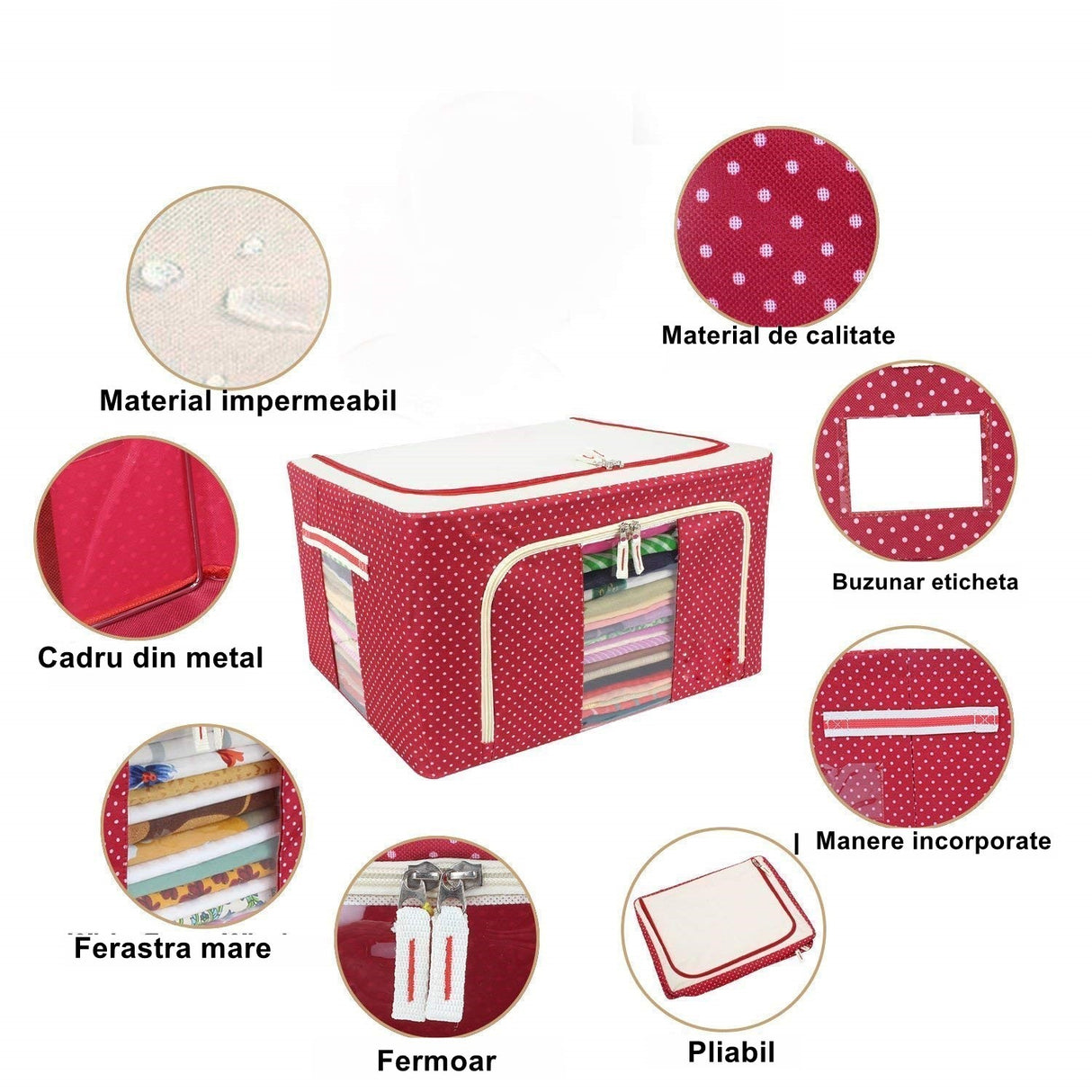 Cutie De Depozitare Pliabila, Cu Fermoar, 100 L, Textil, O Fereastra, Cadru Metalic, Suport Baza Stabil Din Plastic, Imprimeu Punctat, Resigilat - vivimall.ro