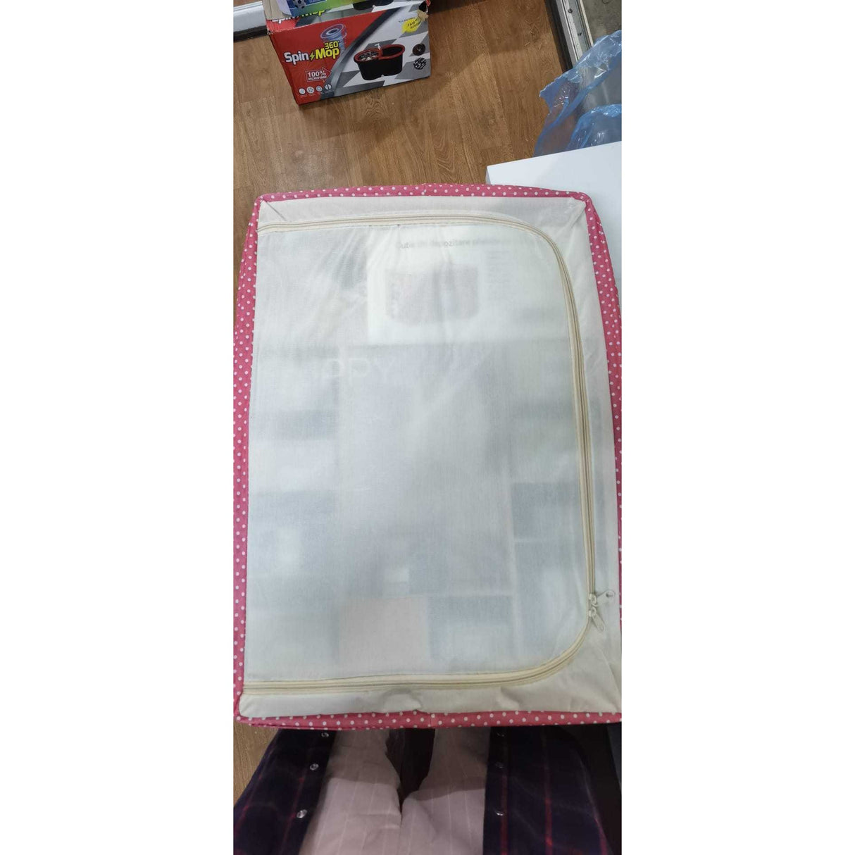 Cutie De Depozitare Pliabila, Cu Fermoar, 100 L, Textil, O Fereastra, Cadru Metalic, Suport Baza Stabil Din Plastic, Imprimeu Punctat, Resigilat - vivimall.ro