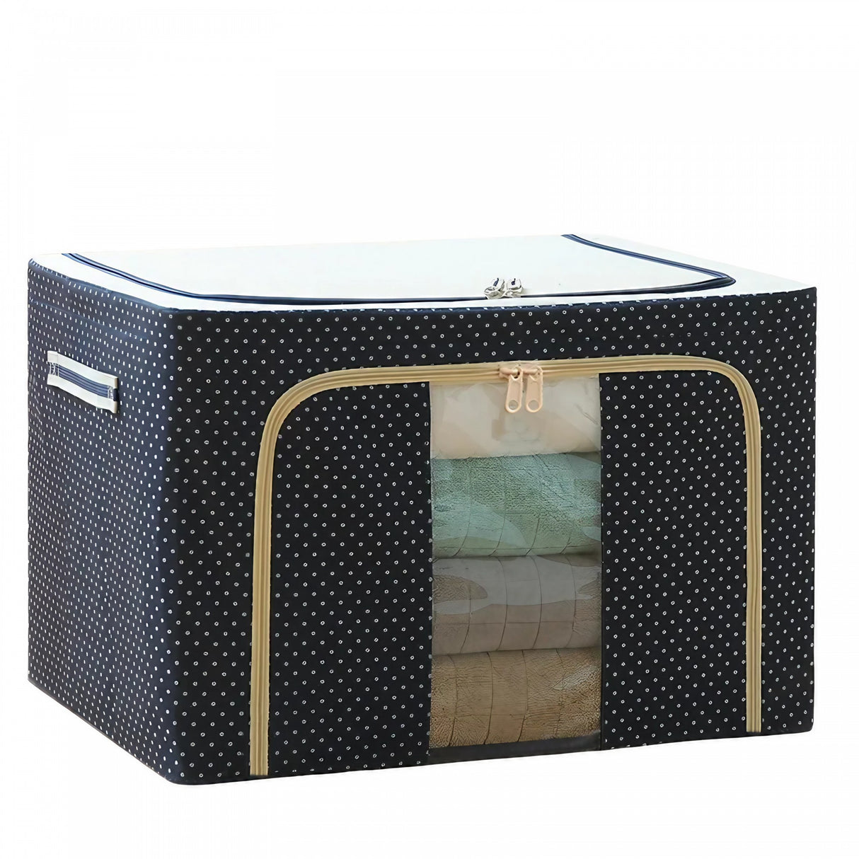 Cutie De Depozitare Pliabila, Cu Fermoar, 66 L, Textil, Cadru Metalic, Suport Baza Stabil Din Plastic, Imprimeu Buline, Marin