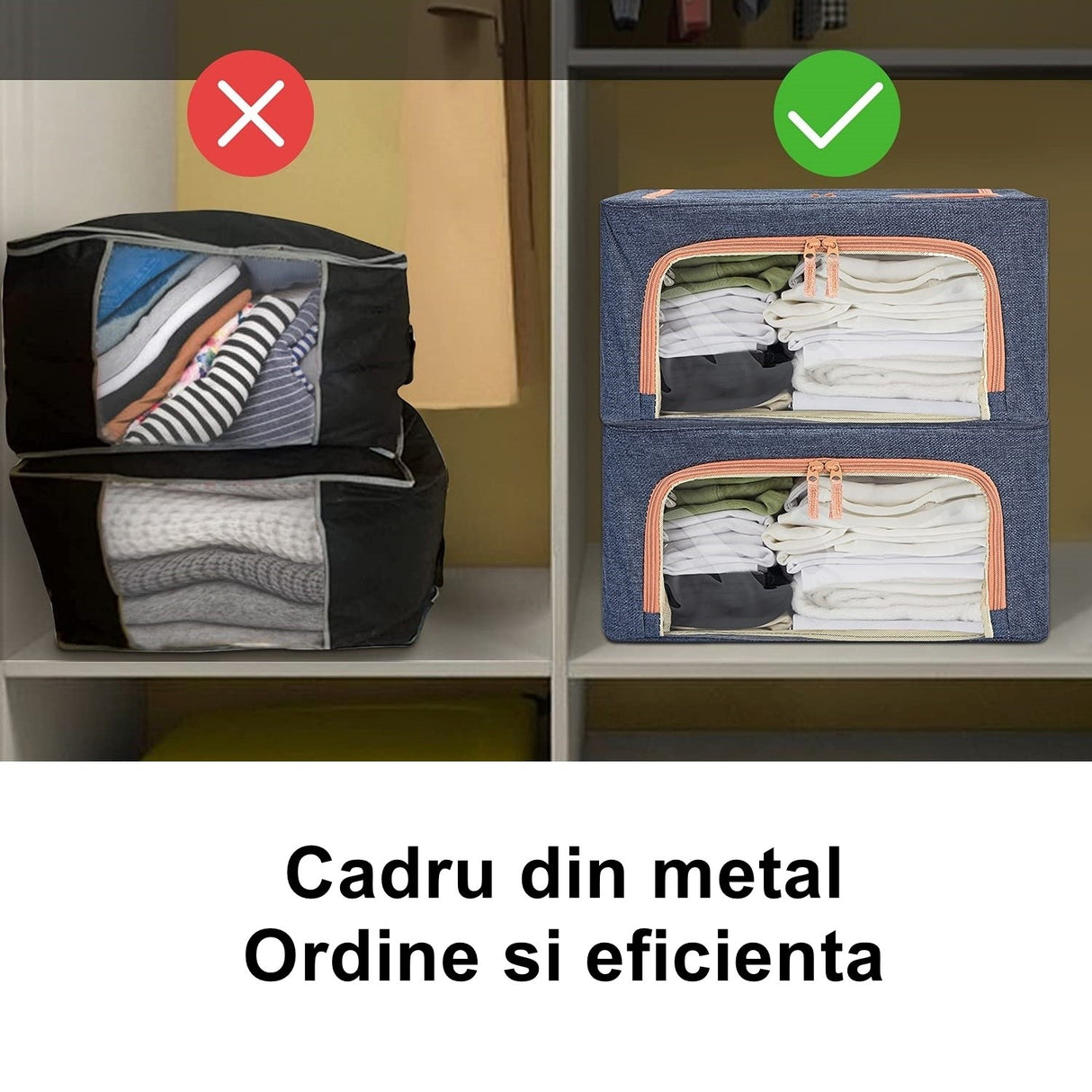 Cutie De Depozitare Pliabila, Cu Fermoar, 66 L, Textil, Marin, Cadru Metalic, Suport Baza Stabil Din Plastic, Cu Doua Ferestre