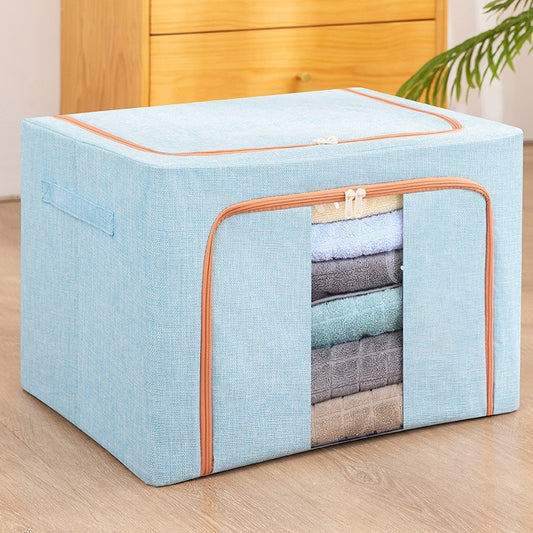 Cutie de Depozitare Pliabila, Vivimall, 66 L, din Bumbac si In, 50x40x33 cm, Fereastra Frontala, 2 Usi de Acces cu Fermoar Bidirectional, Cadru Metalic, Suport Baza Stabil din Plastic, Bleu - vivimall.ro