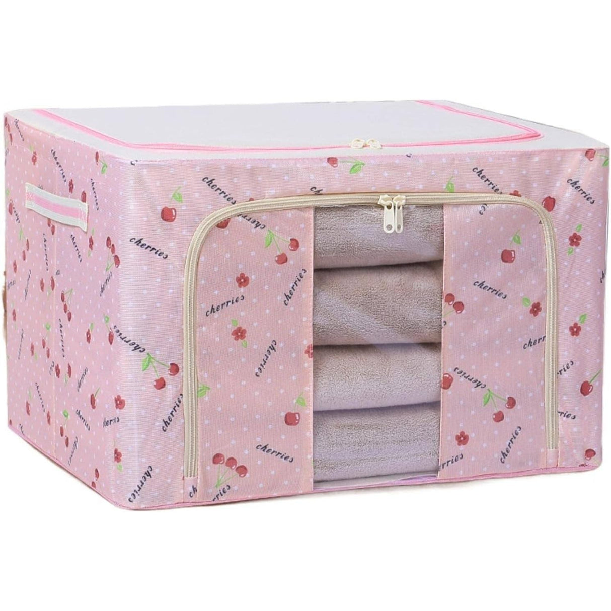 Cutie De Depozitare Pliabila, Cu Fermoar, 66 L, Textil, Cu Fereastra, Cadru Metalic, Suport Baza Stabil Din Plastic, Imprimeu Cirese, Resigilat - vivimall.ro