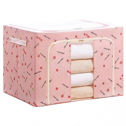 Cutie De Depozitare Pliabila, Cu Fermoar, 66 L, Textil, Cu Fereastra, Cadru Metalic, Suport Baza Stabil Din Plastic, Imprimeu Cirese, Resigilat - vivimall.ro