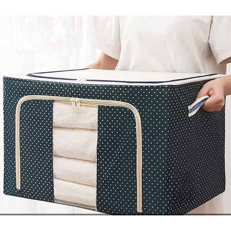 Cutie de Depozitare Pliabila, Vivimall, Cu Fermoar, 66 L, Textil, 50 x 40 x 33 cm, Cadru Metalic, Suport Baza Stabil din Plastic, Imprimeu Buline, Albastru Marin - vivimall.ro