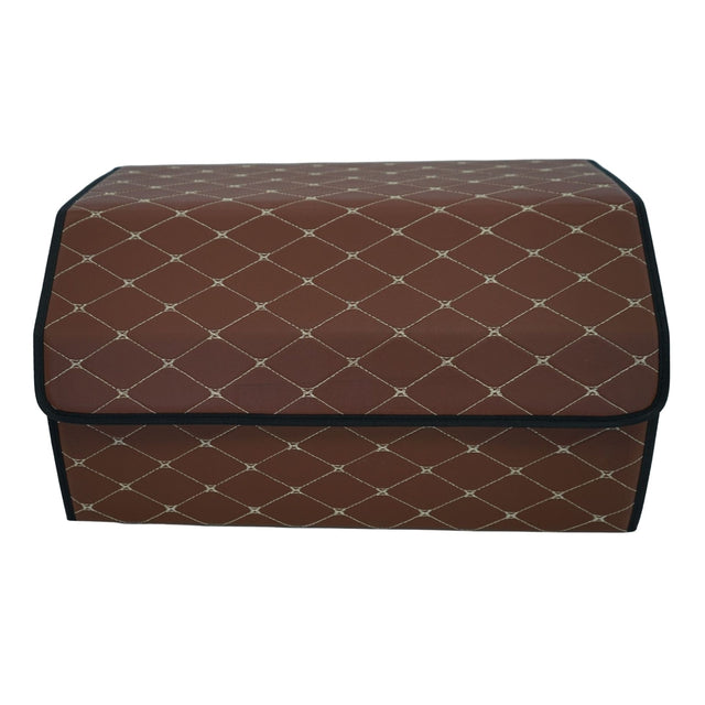 Cutie de Depozitare Auto, Flippy, Organizator Premium Portbagaj, Geanta Multifunctionala  din Piele Ecologica, 2 Compartimente Depozitare, Pliabil, Rezistent la Uzura, Maro Inchis, 55 x 30 x 30cm - vivimall.ro