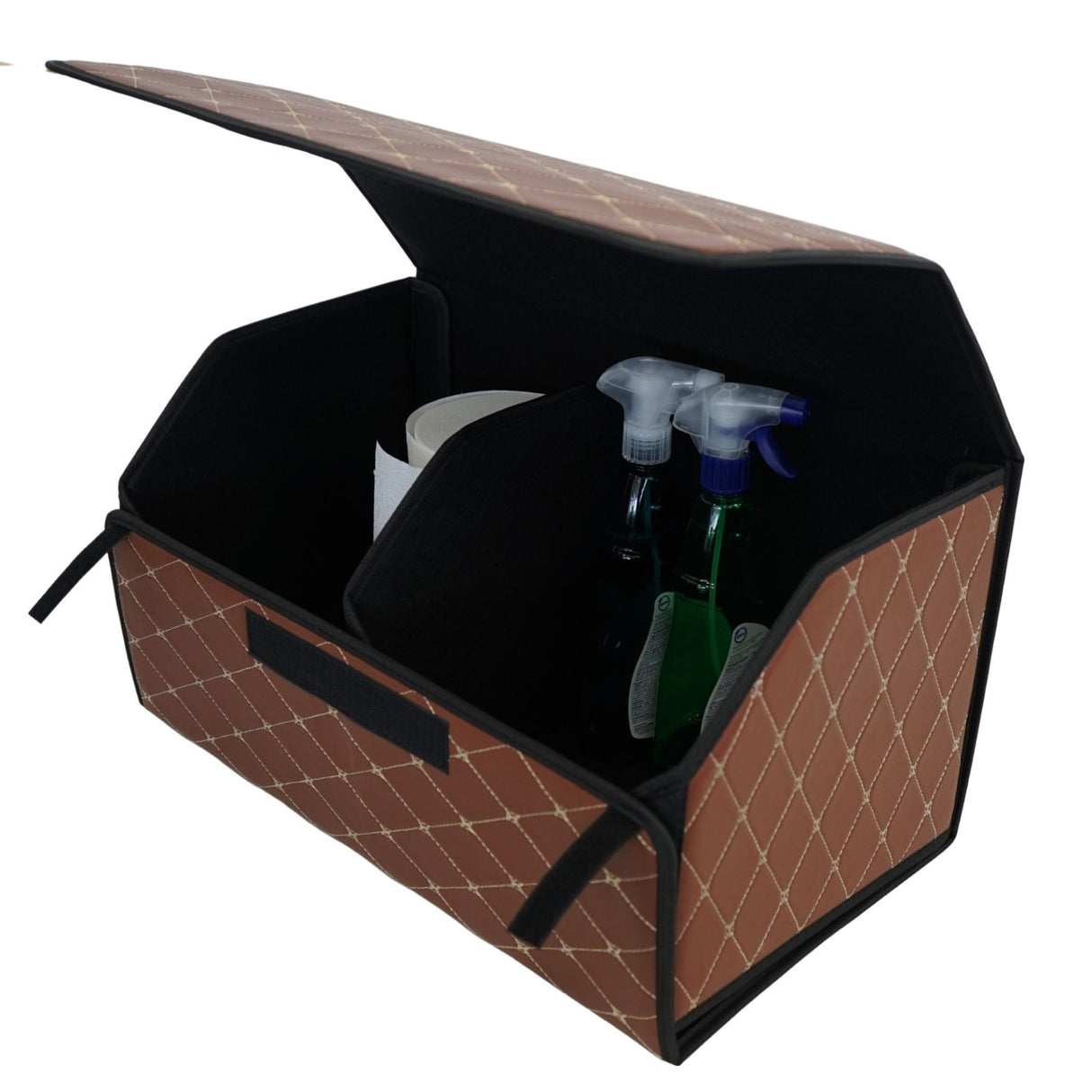 Cutie de Depozitare Auto, Flippy, Organizator Premium Portbagaj, Geanta Multifunctionala  din Piele Ecologica, 2 Compartimente Depozitare, Pliabil, Rezistent la Uzura, Maro Inchis, 55 x 30 x 30cm - vivimall.ro