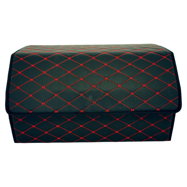 Cutie de Depozitare Auto, Flippy, Organizator Premium Portbagaj, Geanta Multifunctionala, Piele Ecologica, 2 Compartimente Depozitare, Pliabil  si Rezistent la Uzura, Negru/Rosu, 55 x 30 x 30cm - vivimall.ro
