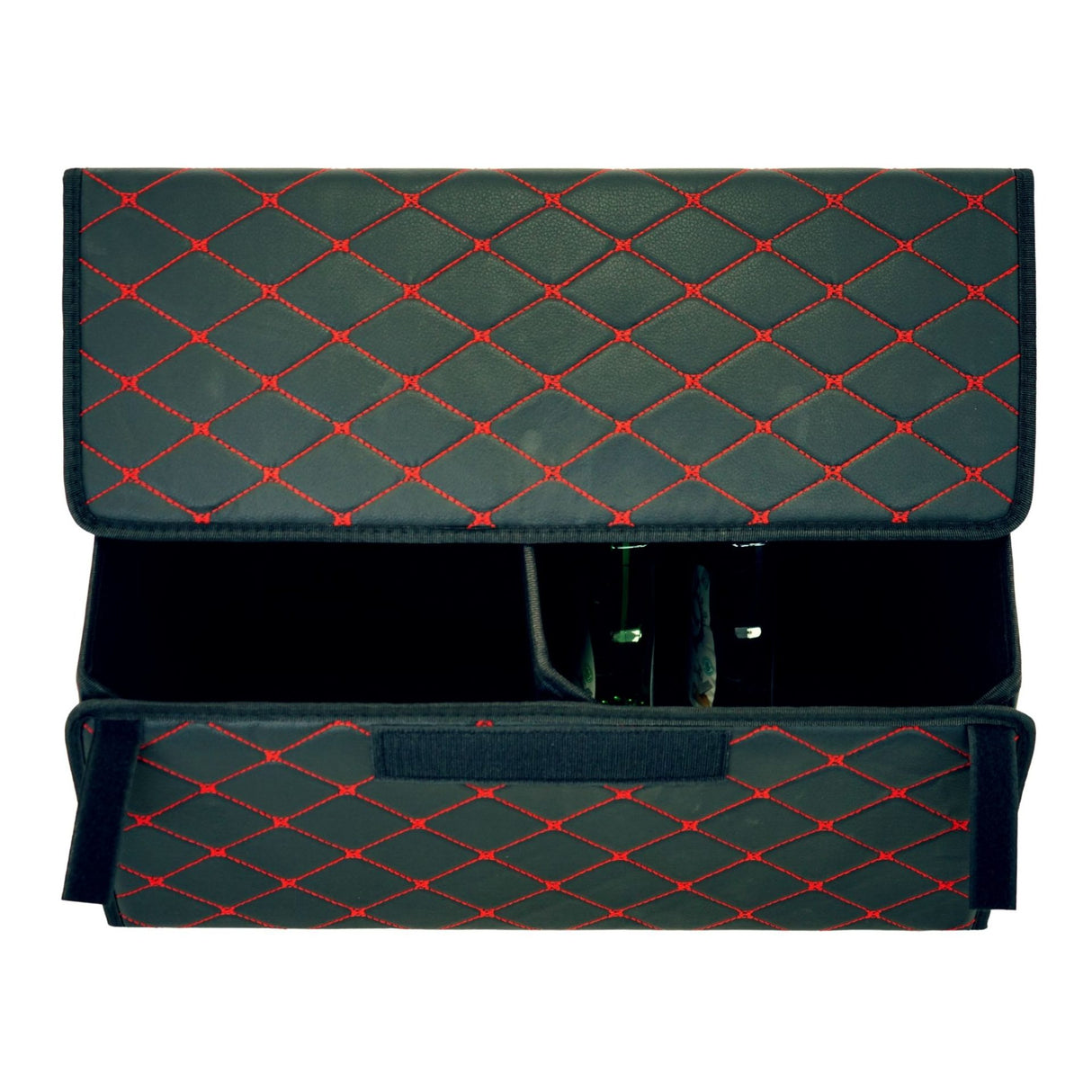 Cutie de Depozitare Auto, Flippy, Organizator Premium Portbagaj, Geanta Multifunctionala, Piele Ecologica, 2 Compartimente Depozitare, Pliabil  si Rezistent la Uzura, Negru/Rosu, 55 x 30 x 30cm - vivimall.ro