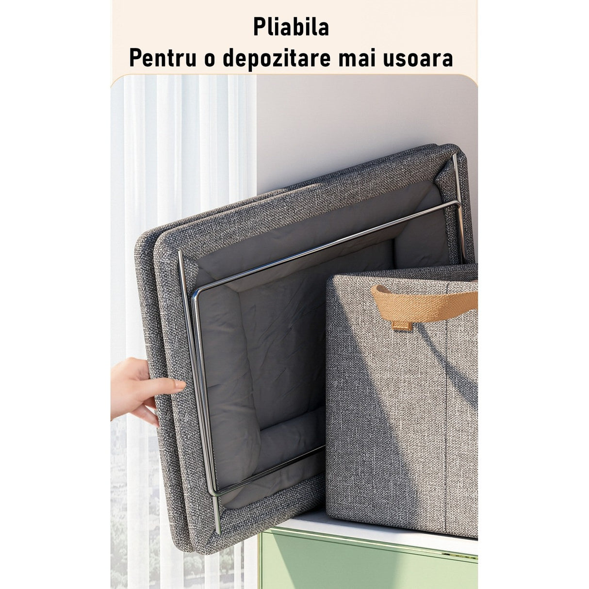 Cutie de depozitare tip cos, Vivimall, textil, pliabila, 47x28x20 cm, cadru metalic, cu manere, gri - vivimall.ro
