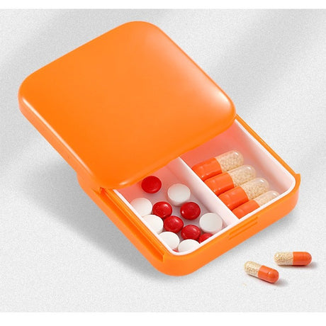 Cutie depozitare medicamente, 2 compartimente, Glisanta, Portocaliu, Patrata, Vivimall, Inchidere etans - vivimall.ro