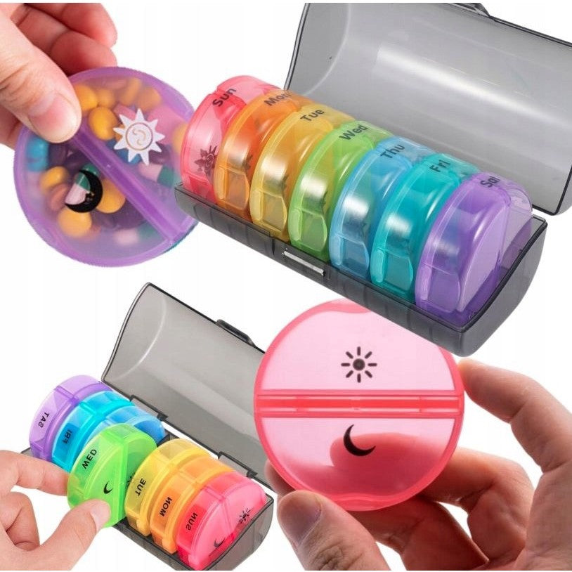 Cutie Depozitare Medicamente,  7 Zile, 14 Compartimente, Cutie Suport, Recipiente Detasabile, Portabila, Recipiente Colorate, 17.5x11x9.5 cm - vivimall.ro