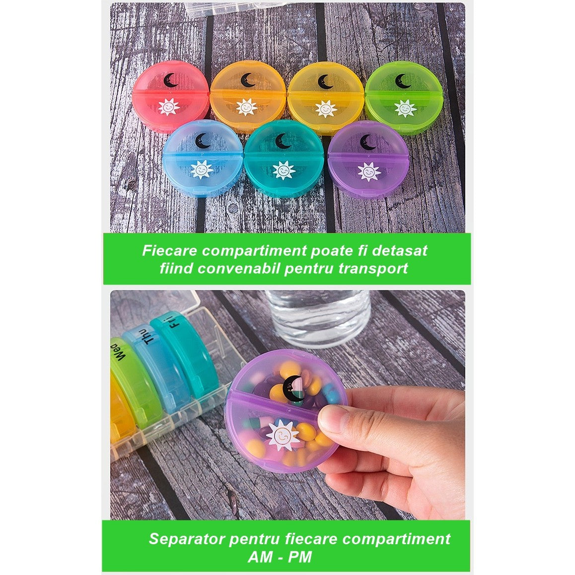 Cutie Depozitare Medicamente,  7 Zile, 14 Compartimente, Cutie Suport, Recipiente Detasabile, Portabila, Recipiente Colorate, 17.5x11x9.5 cm - vivimall.ro