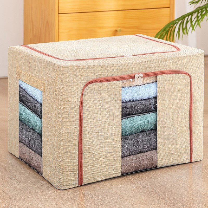 Cutie De Depozitare Pliabila, Cu Fermoar, 100 L, Textil, Cadru Metalic, Suport Baza Stabil Din Plastic, Crem Cu Doua Ferestre