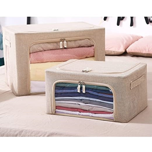Cutie De Depozitare Pliabila, Cu Fermoar, 66 L, Textil, Cadru Metalic, Suport Baza Stabil Din Plastic, Crem