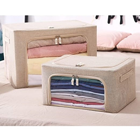 Cutie De Depozitare Pliabila, Cu Fermoar, 66 L, Textil, Cadru Metalic, Suport Baza Stabil Din Plastic, Crem