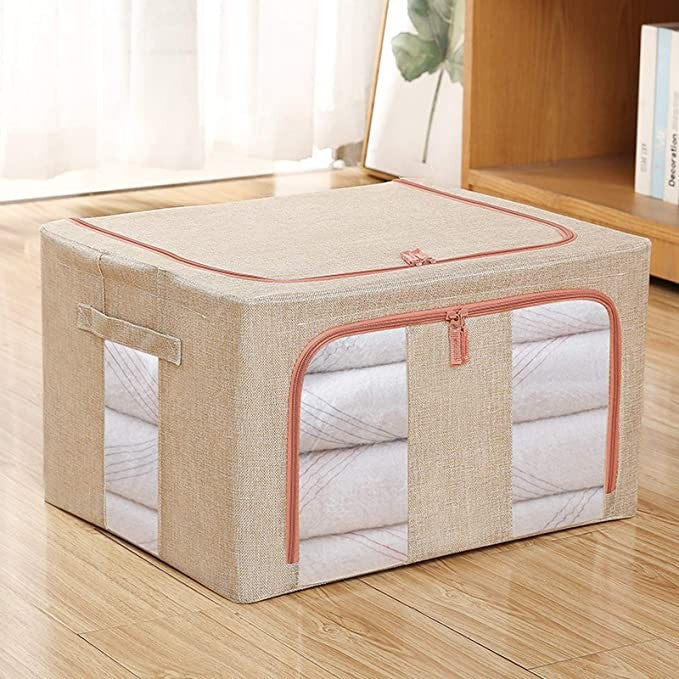 Cutie De Depozitare Pliabila, Cu Fermoar, 66 L, Textil, Cadru Metalic, Suport Baza Stabil Din Plastic, Crem
