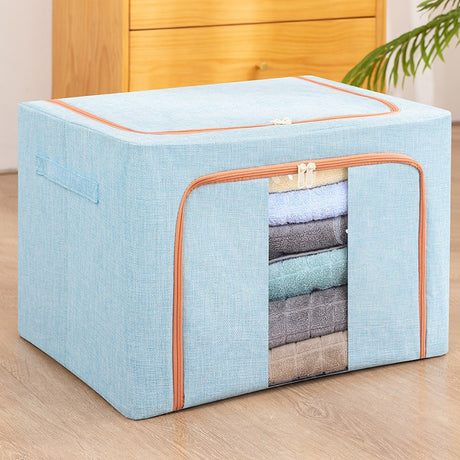 Cutie De Depozitare Pliabila, 66 L, Din Bumbac Si In, Fereastra Frontala, 2 Usi De Acces Cu Fermoar Bidirectional, Cadru Metalic, Suport Baza Stabil Din Plastic, Bleu - vivimall.ro