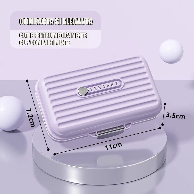 Cutie Medicamente, Flippy, Mov, 7 Compartimente, Portabila si Compacta, 11x7.2x3.5 cm, Ideala pentru Uzul Cotidian