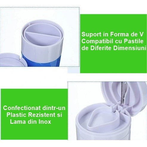 Cutie Pastile Multifunctionala, 4 In 1, Pahar Apa, Taiere, Sfaramare, Depozitare, Compact, Abs Cu Lama Din Inox, Alb/,