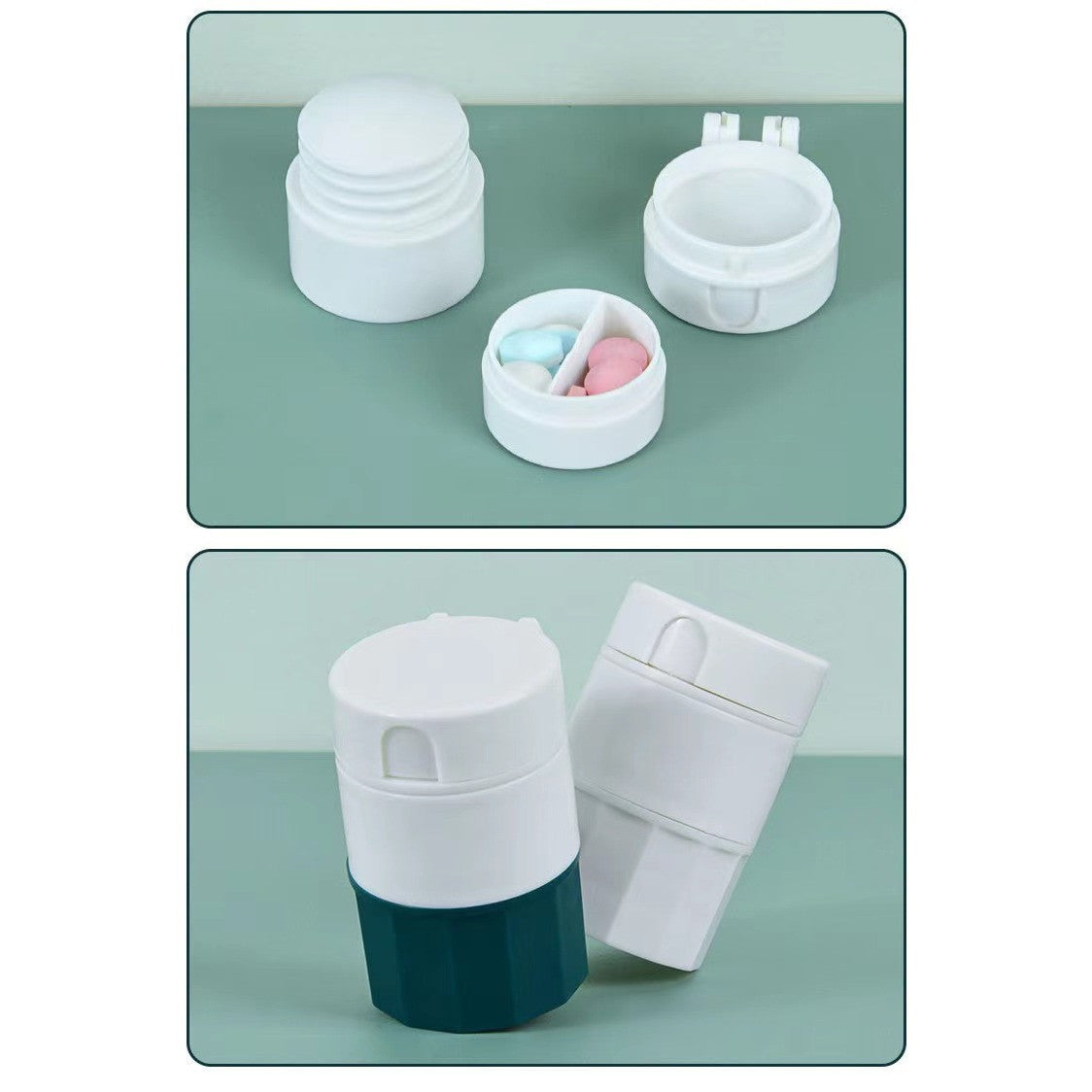 Cutie Pastile Multifunctionala, 4 In 1, Pahar Apa, Taiere, Sfaramare, Depozitare, Compact, Abs Cu Lama Din Inox, Alb/,