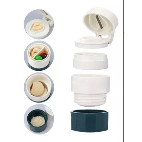 Cutie Pastile Multifunctionala, 4 In 1, Pahar Apa, Taiere, Sfaramare, Depozitare, Compact, Abs Cu Lama Din Inox, Alb/,