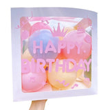 Cutie pentru Baloane, Flippy, Tematica Aniversare, Model Scris Happy Birthday, Baloane Albastre, Roz, Galbene si Panglica Incluse, Contur Alb, Transparenta, 30x30 cm