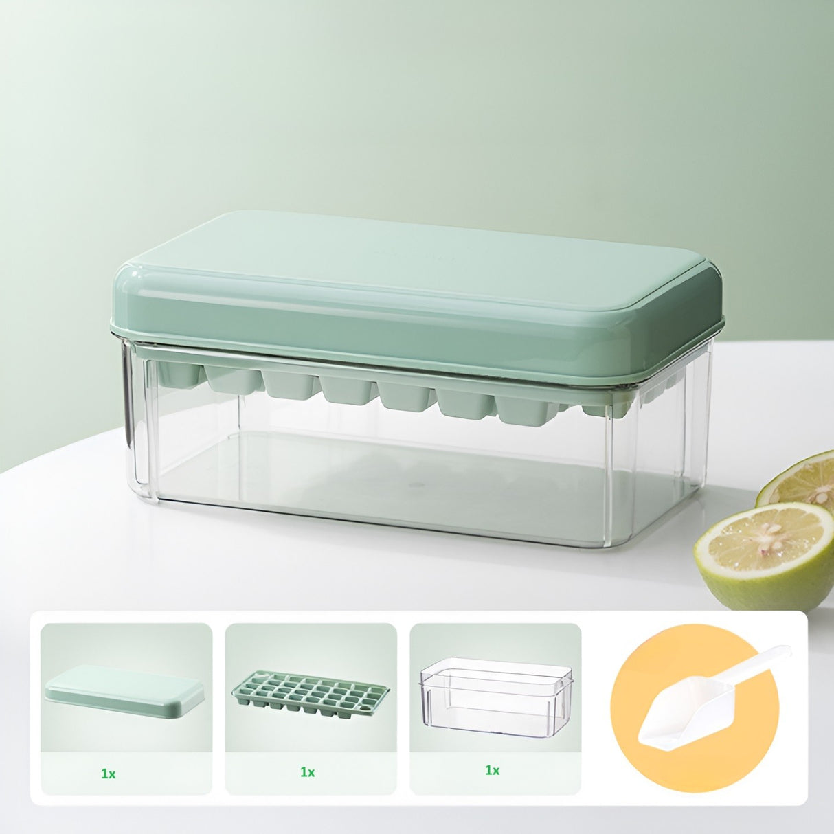 Set Cutie Pentru Gheata, Uz Casnic, 1 Tavita Pentru Cuburi, Capac Etans, Lopata, 23.5X13.3X10 Cm, Verde - vivimall.ro