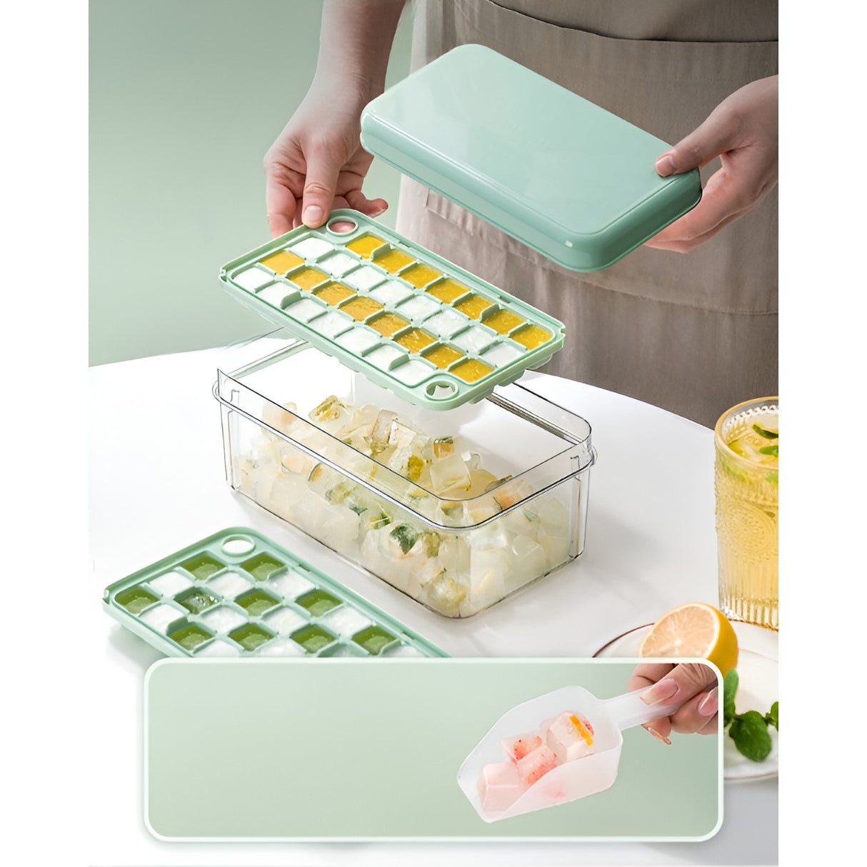 Set Cutie Pentru Gheata, Uz Casnic, 1 Tavita Pentru Cuburi, Capac Etans, Lopata, 23.5X13.3X10 Cm, Verde - vivimall.ro