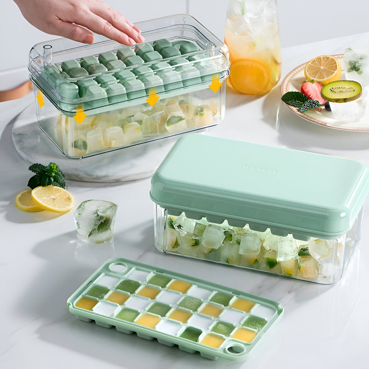 Set Cutie Pentru Gheata, Uz Casnic, 1 Tavita Pentru Cuburi, Capac Etans, Lopata, 23.5X13.3X10 Cm, Verde - vivimall.ro