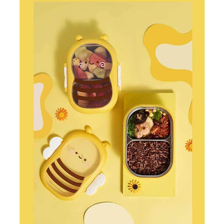 Cutie pentru Pranz, Flippy, din PP si Otel Inoxidabil, Model Albina, 2 Compartimente, 301-500 ml, Galben