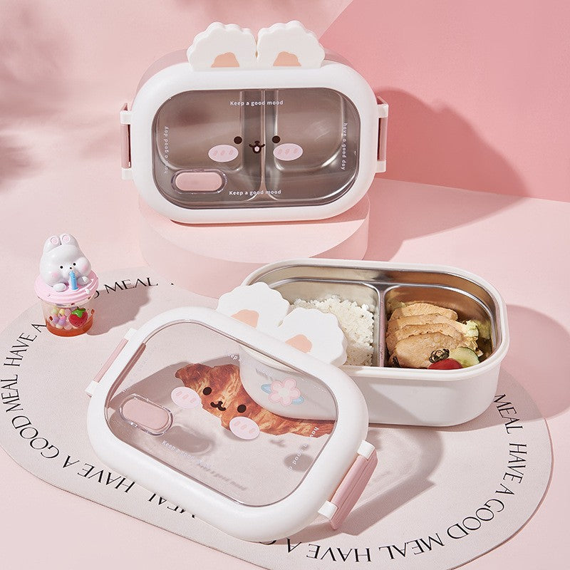 Cutie Pentru Pranz Sau Gustari, Cu Doua Compartimente, Model Iepuras, Pentru Copii Si Adulti, Etansare, Pp, Perfect Pentru Scoala Si Birou, 1000 Ml, 22X17.8X8 Cm - vivimall.ro