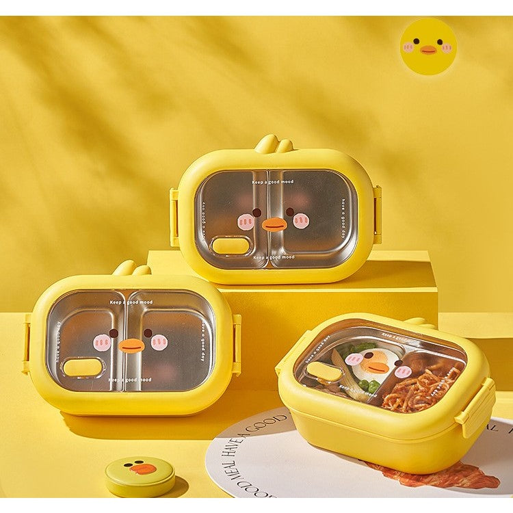 Cutie pentru Pranz sau Gustari, Vivimall, cu Doua Compartimente, Model Ratusca, pentru Copii si Adulti, Etansare, PP, Perfect pentru Scoala si Birou, 1000 mL, 22.5x14.5x8 cm, Galben - vivimall.ro